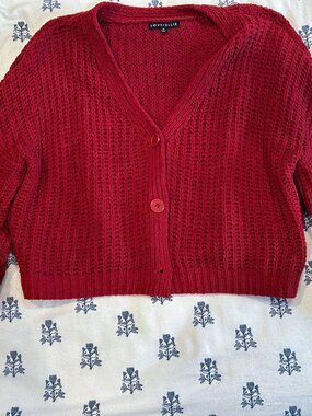 Red Chunky Cozy Knit Cropped Cardigan Sweater Button Front | Size XL